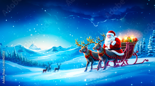 Santa claus riding sleigh with reindeers in the snow.