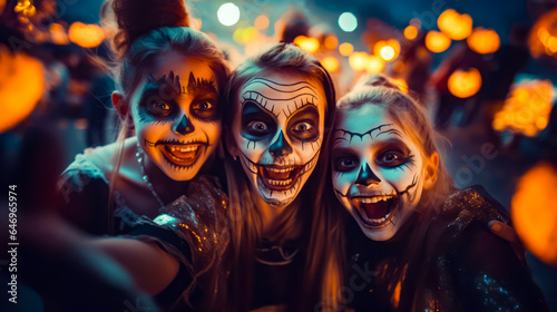 Three girls with painted faces pose for photo at halloween party in the dark.
