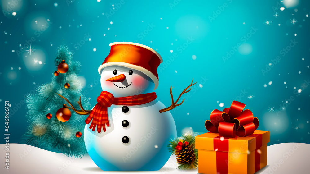Snowman with red hat and scarf next to christmas tree.