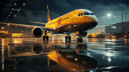 airplane on wet taxiway at sunset