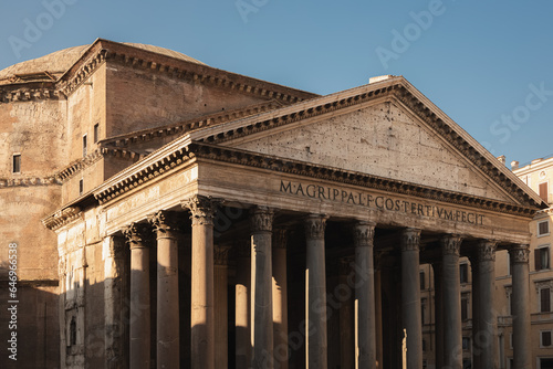 Canvas Print Close-up architectural detail with dramatic light and shadow of the ancient Roman temple, the Pantheon in the historic old town of central Rome, Italy