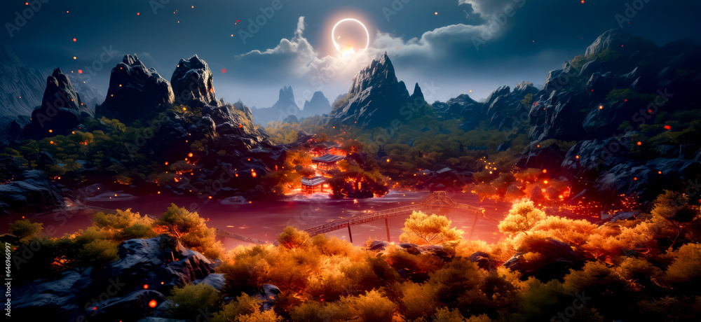 Painting of landscape with mountains, trees, and moon in the sky.