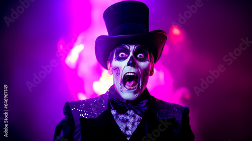 Man in top hat and costume with creepy look on his face. © Констянтин Батыльчук