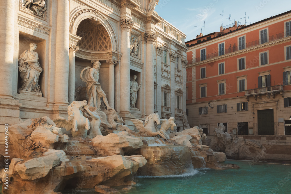 The iconic 18th century Baroque Trevi Fountain in Rome, Italy.