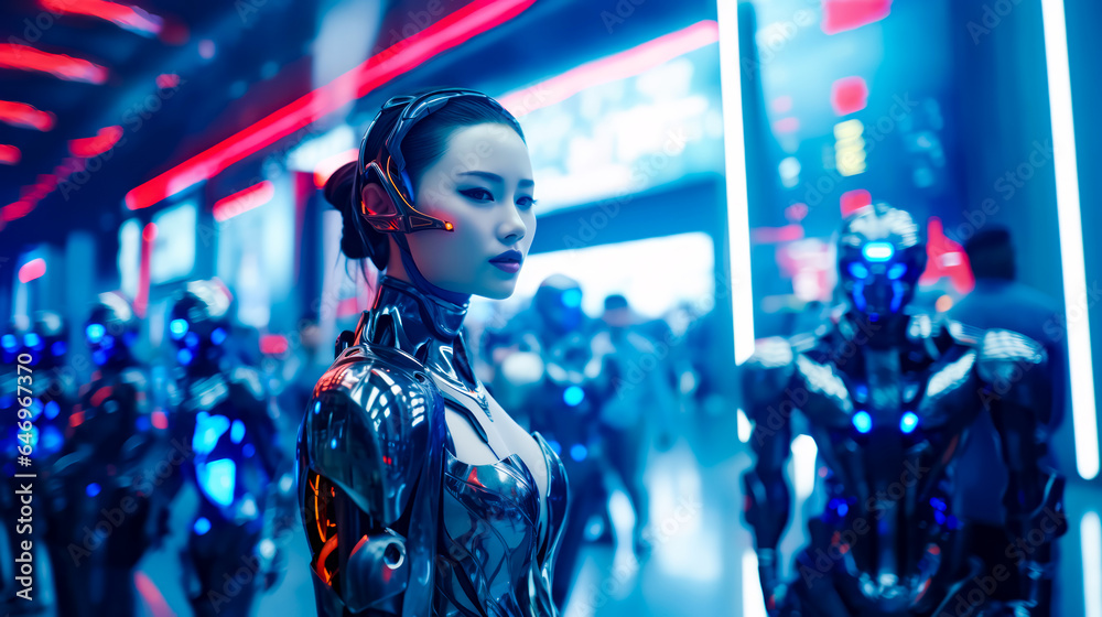 Woman in futuristic suit standing in front of group of people.