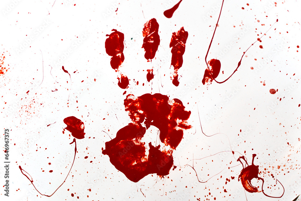 Bloody handprint on white background. Red palm print isolated - obrazy, fototapety, plakaty 