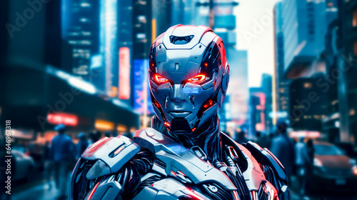 Man in futuristic suit with red eyes and city in the background.