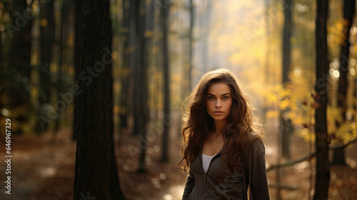 Woman with long brown hair in an autumn forest