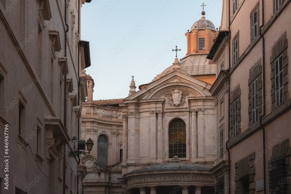 Curved portico facade of the historic 15th century Chiesa di Santa Maria della Pace church in Rome, Italy.