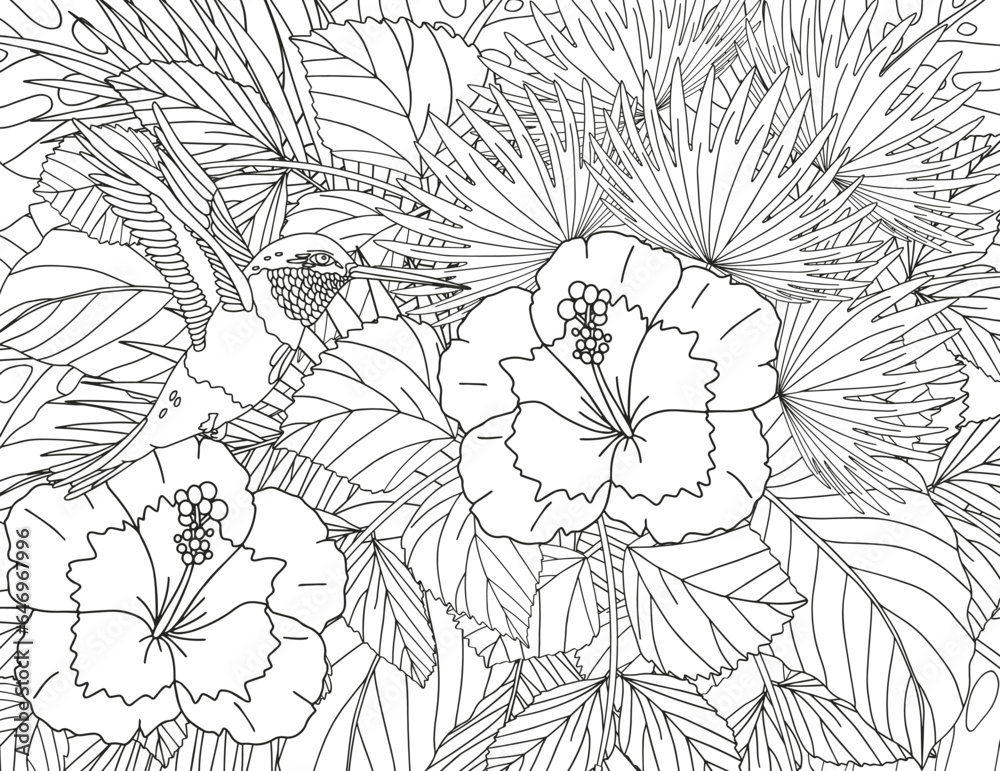 Fototapeta premium Coloring page made of tropical flowers and leaves. The best activity to relieve stress.