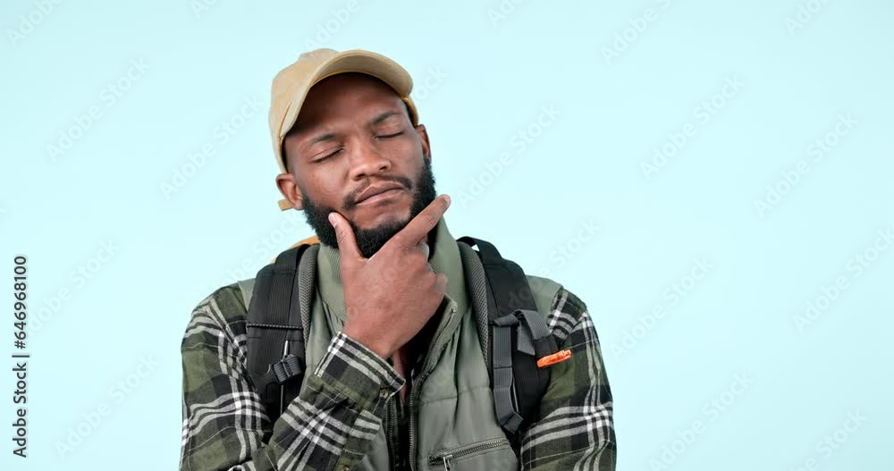 Backpack, thinking and face of black man in studio with hiking ...