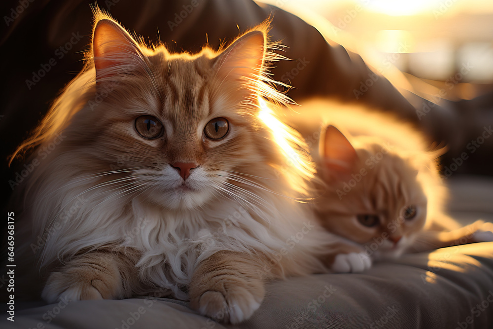 portrait of two golden cats on the couch at sunset
