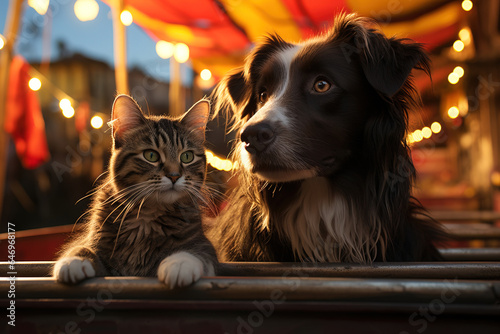 portrait of a dog and a cat at a country fair at dusk with a bokeh background