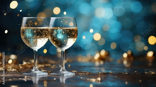 Champagne for festive cheers with gold sparkling bokeh background. Generative AI