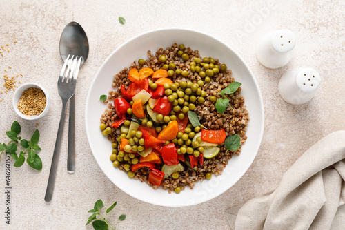 Buckwheat with roasted vegetables and green peas