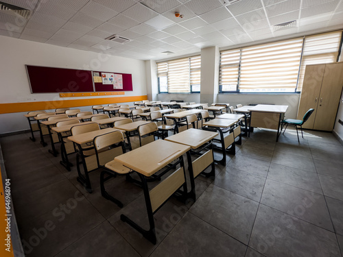  Classroom in background without ,No student or teacher . modern classroom environment , located name is osym