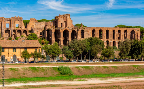 Ancient Circus Maximus and Temple of Apollo Palatinus ruins on Palatine hill in Rome, Italy