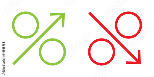 Percentage growth and decline icons. Percent arrow up and down.