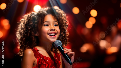 charming girl child singing emotionally at a concert in front of a microphone, illuminated by spotlights, against backdrop of enthusiastic spectators. photo