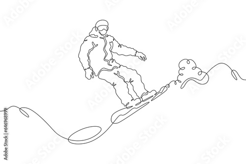 Snowboarder.Landscape.Extreme sport.Mountains.Snowboard. One continuous line. Linear. Hand drawn, white background.