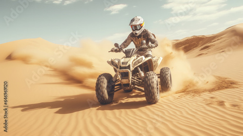 Desert Dune Quad Biking: Thrilling Ride with Helmeted Driver. © Ai Studio