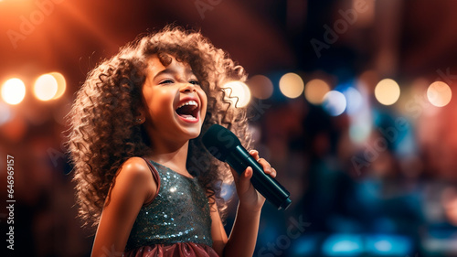charming girl child singing emotionally at a concert in front of a microphone, illuminated by spotlights, against backdrop of enthusiastic spectators.