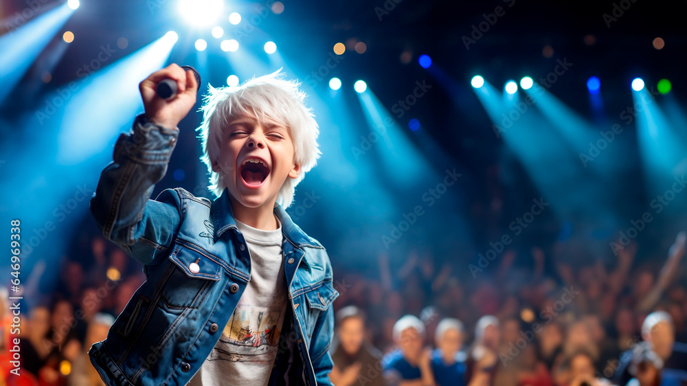 charming boy child singing emotionally at a concert in front of a microphone, illuminated by spotlights, against the backdrop of enthusiastic spectators. charming boy child singing emotionally at a concert in front of a microphone, illuminated by spotlights, against the backdrop of enthusiastic spectators.