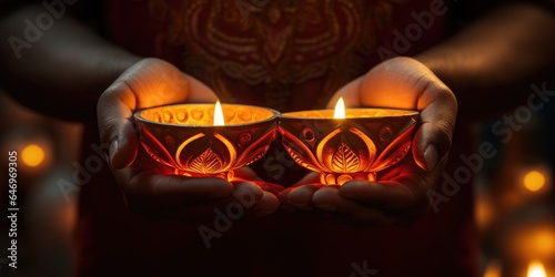 Closeup - Woman holding lit diya lamp in hands. Diwali celebration, generative ai photo