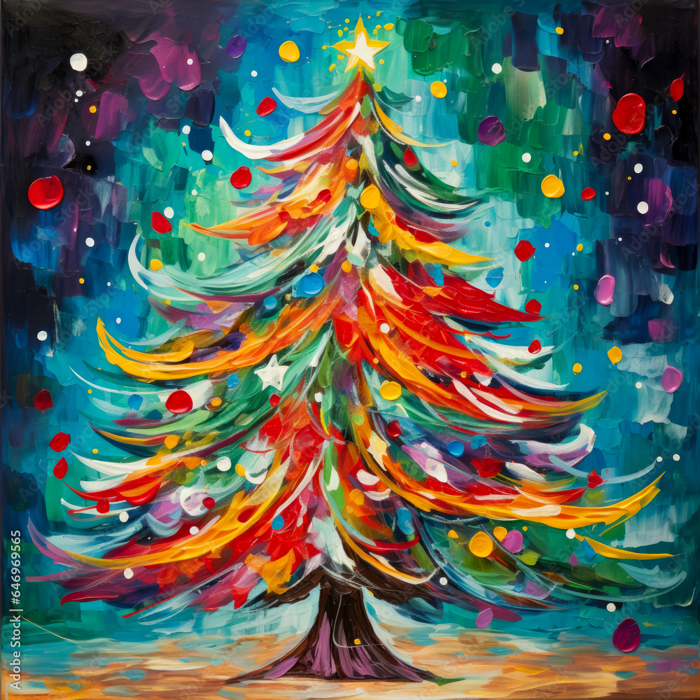 Vibrantly colored acrylic-painted Christmas tree, a vivid holiday ...