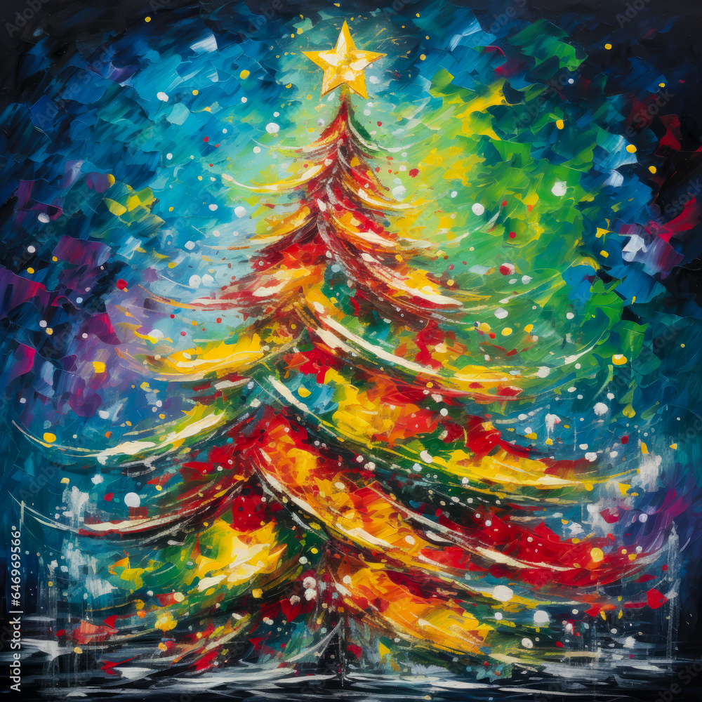 Fototapeta premium Vibrantly colored acrylic-painted Christmas tree, a vivid holiday themed masterpiece. Background wallpaper, card or texture.