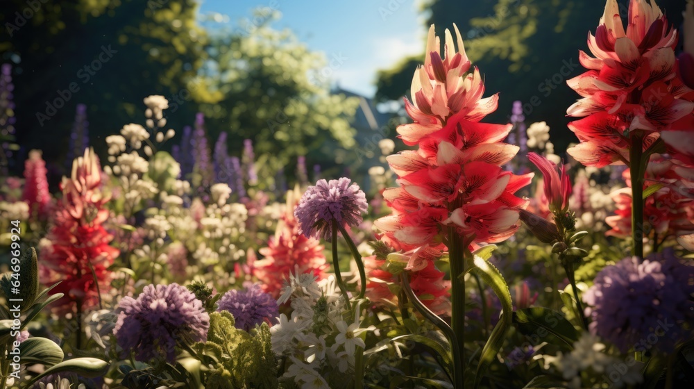 Summer low-maintenance garden with a variety of flowers in Provence style. Summer low-maintenance garden with a variety of flowers in Provence style.
