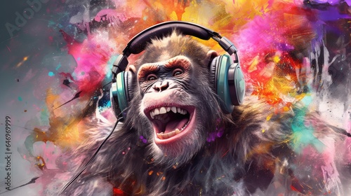 candid shot of an excited party monkey ape with headphones. beautiful Generative AI AIG32