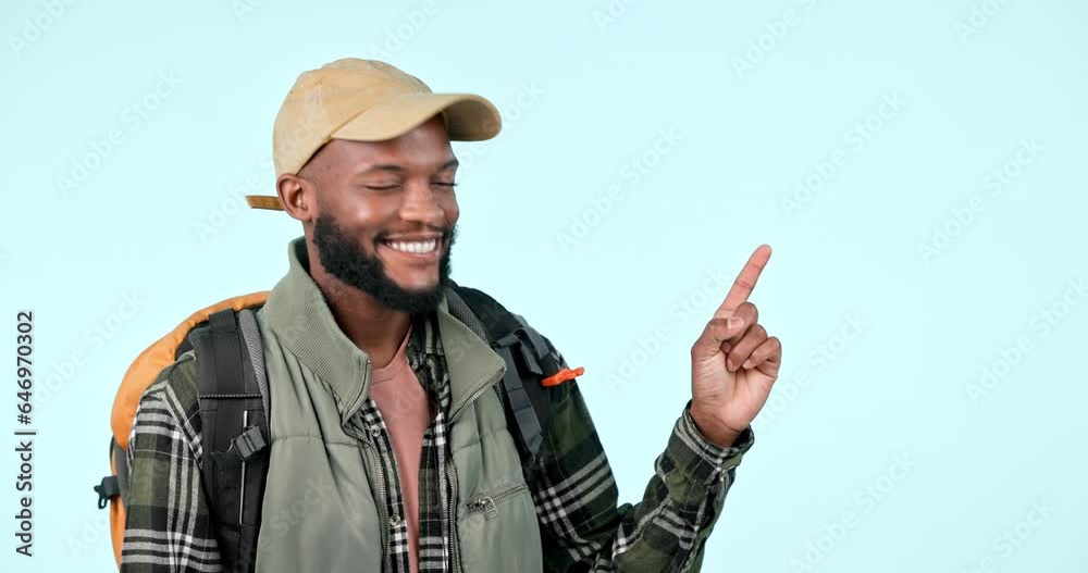 Happy black man, backpack and pointing in advertising or marketing against a studio background. Portrait of African male person, tourist or hiker show notification, alert or list for travel on mockup Happy black man, backpack and pointing in advertising or marketing against a studio background. Portrait of African male person, tourist or hiker show notification, alert or list for travel on mockup