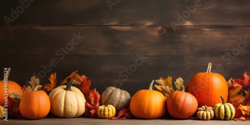 Apples  pumpkins and fallen leaves on wooden background  Halloween  Thanksgiving background  Thanksgiving day or seasonal autumnal  generative ai