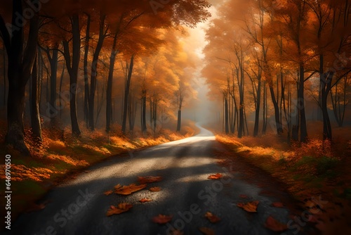 3D rendering of a country road in the midst of a moody, atmospheric forest in the fall. Highlight the interplay of shadows and light, and the rich orange and green hues of the leaves.