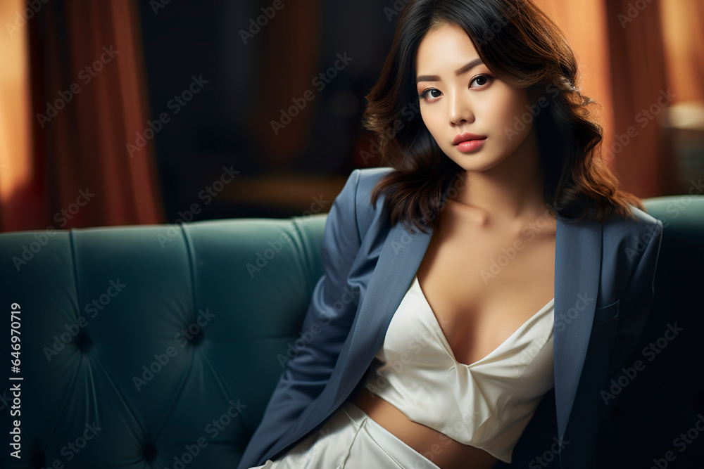 An Asian woman exuding sensuality rests on a sofa. Portrait of an Asian woman wearing blue in an aura of seduction and power of attraction. Elegance and mystery. - obrazy, fototapety, plakaty 