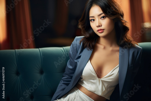 An Asian woman exuding sensuality rests on a sofa. Portrait of an Asian woman wearing blue in an aura of seduction and power of attraction. Elegance and mystery. photo