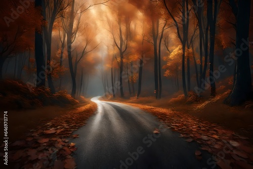  3D scene of a rural highway passing through an enchanting forest during the autumn season. Capture the sense of mystery and wonder in the dimly lit woods.