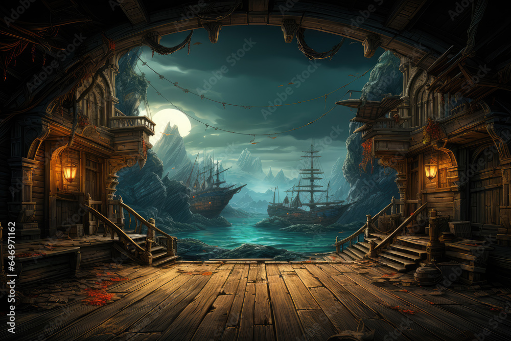 Empty pirate ship deck background for theater stage scene - obrazy, fototapety, plakaty 