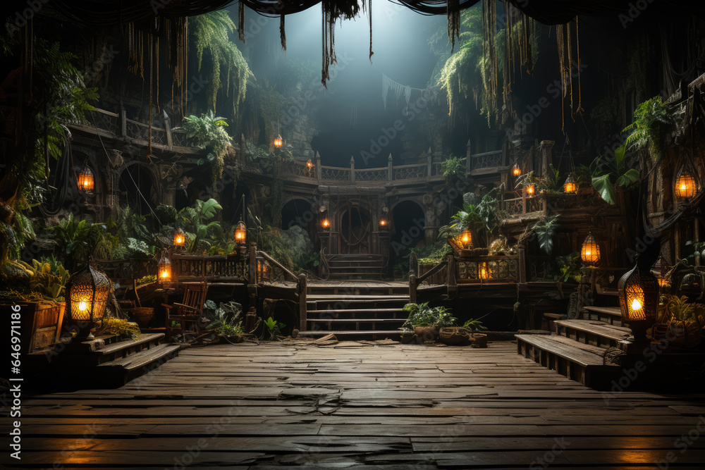 Empty pirate ship deck background for theater stage scene