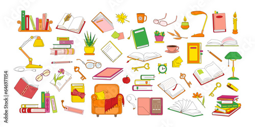 Big set of books and reading related objects