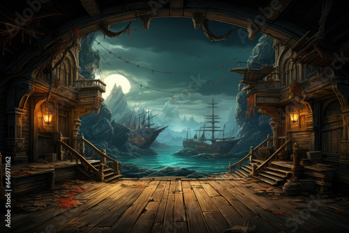 Empty pirate ship deck background for theater stage scene photo