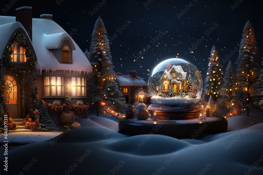 A snow globe with a house on a christmas background Generative AI A snow globe with a house on a christmas background Generative AI