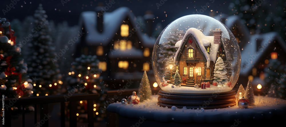 Beautiful snow globe with snowy house Christmas winter background Generative AI - obrazy, fototapety, plakaty 