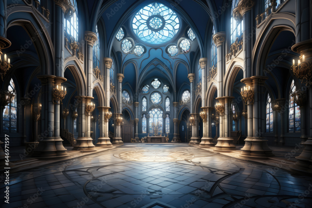 Set of a fairytale empty cathedral background for theater stage scene