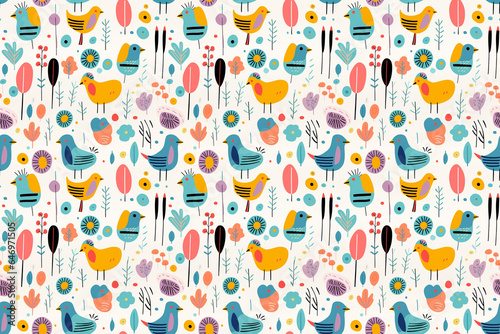 seamless pattern illustration, doodle cartoon bird in garden, Generative Ai © QuietWord
