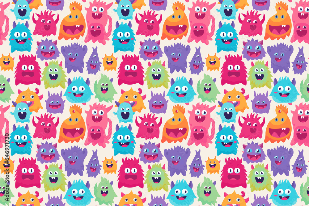 colorful monster character doodle seamless pattern, Generative Ai colorful monster character doodle seamless pattern, Generative Ai