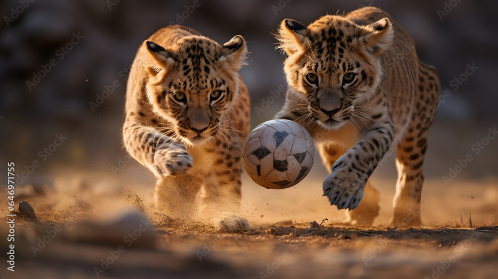 Fototapeta premium Leopards Playing Ball Game Sports Having Fun