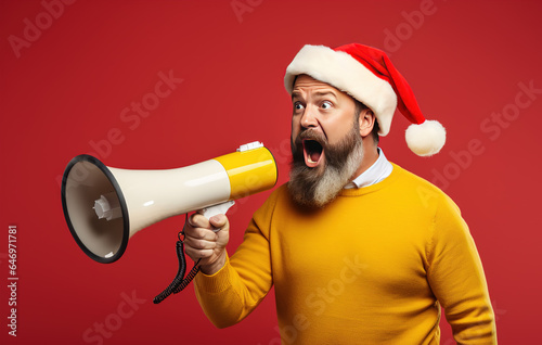 Bearded man wearing a Santa hat shouting through a megaphone on an isolated red background Generative AI