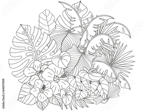 Coloring page made of tropical flowers and leaves. The best activity to relieve stress.